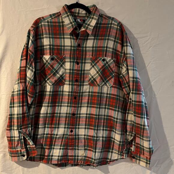 VTG 90s Polo Sport RLX Ralph Lauren Shirt Red Cream Green Plaid Button Down L - Picture 1 of 7